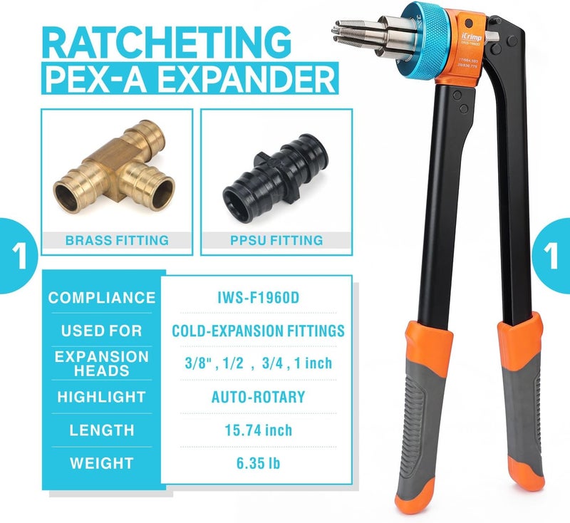 IWISS iCrimp Ratcheting Pex Expansion Tool Kit Auto Rotation PEX-a Tubing Expander, with 1/2'', 3/4'', 1'' ProPEX Expansion Heads and PEX Tubing Cutter - Image 2